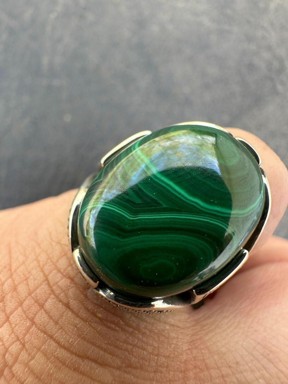 HarlemBling Large Green Malachite Gemstone Mens Real Solid 925 Sterling Silver Signet Ring