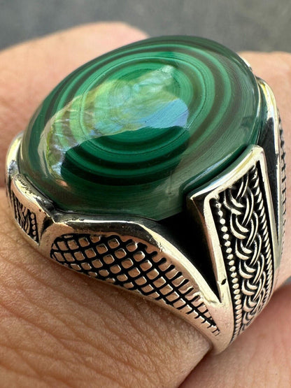 HarlemBling Large Green Malachite Gemstone Mens Real Solid 925 Sterling Silver Signet Ring