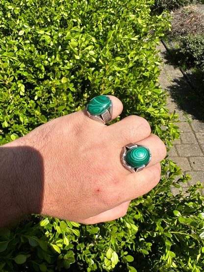 HarlemBling Large Green Malachite Gemstone Mens Real Solid 925 Sterling Silver Signet Ring