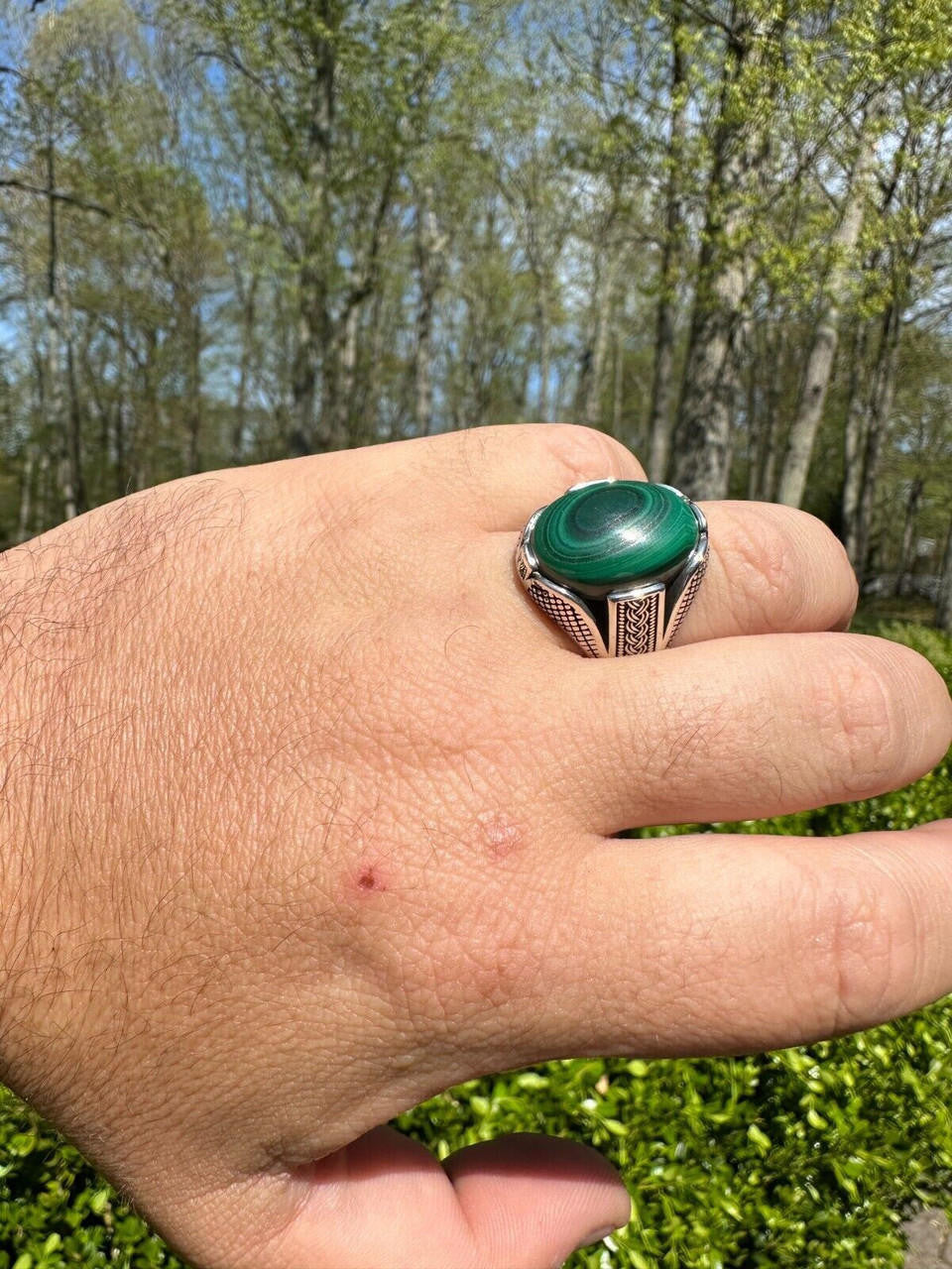 HarlemBling Large Green Malachite Gemstone Mens Real Solid 925 Sterling Silver Signet Ring