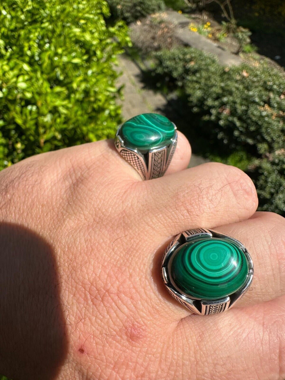 HarlemBling Large Green Malachite Gemstone Mens Real Solid 925 Sterling Silver Signet Ring