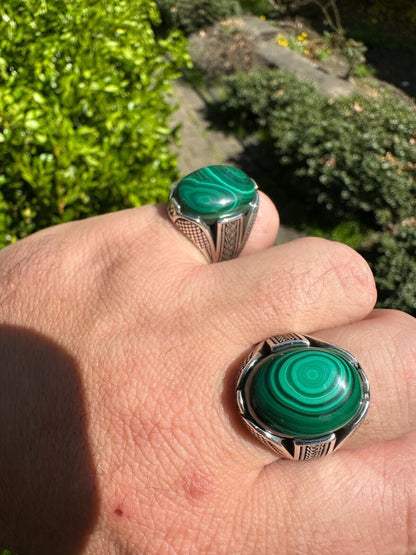HarlemBling Large Green Malachite Gemstone Mens Real Solid 925 Sterling Silver Signet Ring