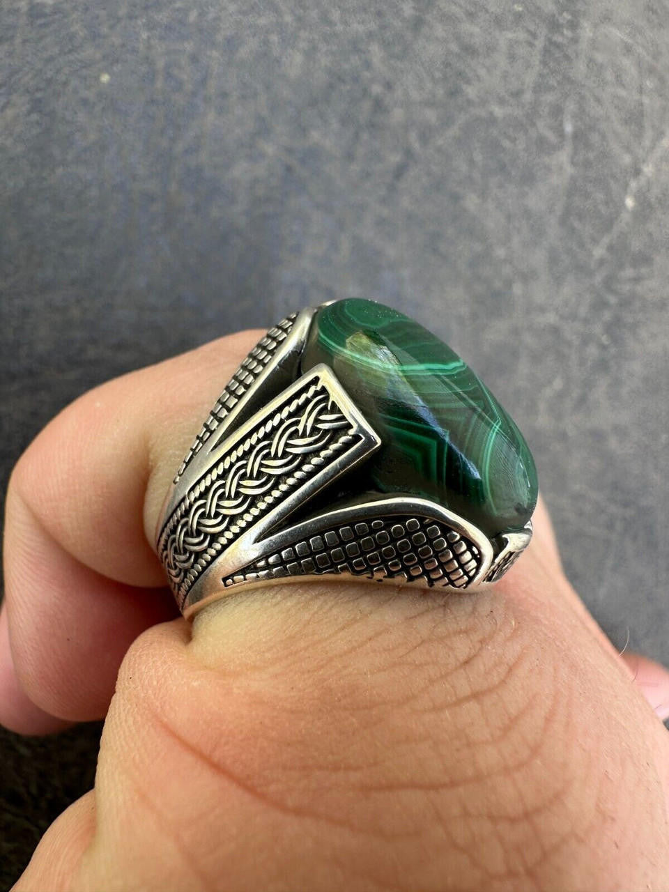 HarlemBling Large Green Malachite Gemstone Mens Real Solid 925 Sterling Silver Signet Ring