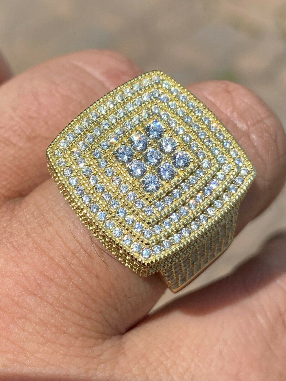 HarlemBling Large Iced 14k Gold Over Real Solid 925 Sterling Silver Men Diamond Ring Hip Hop