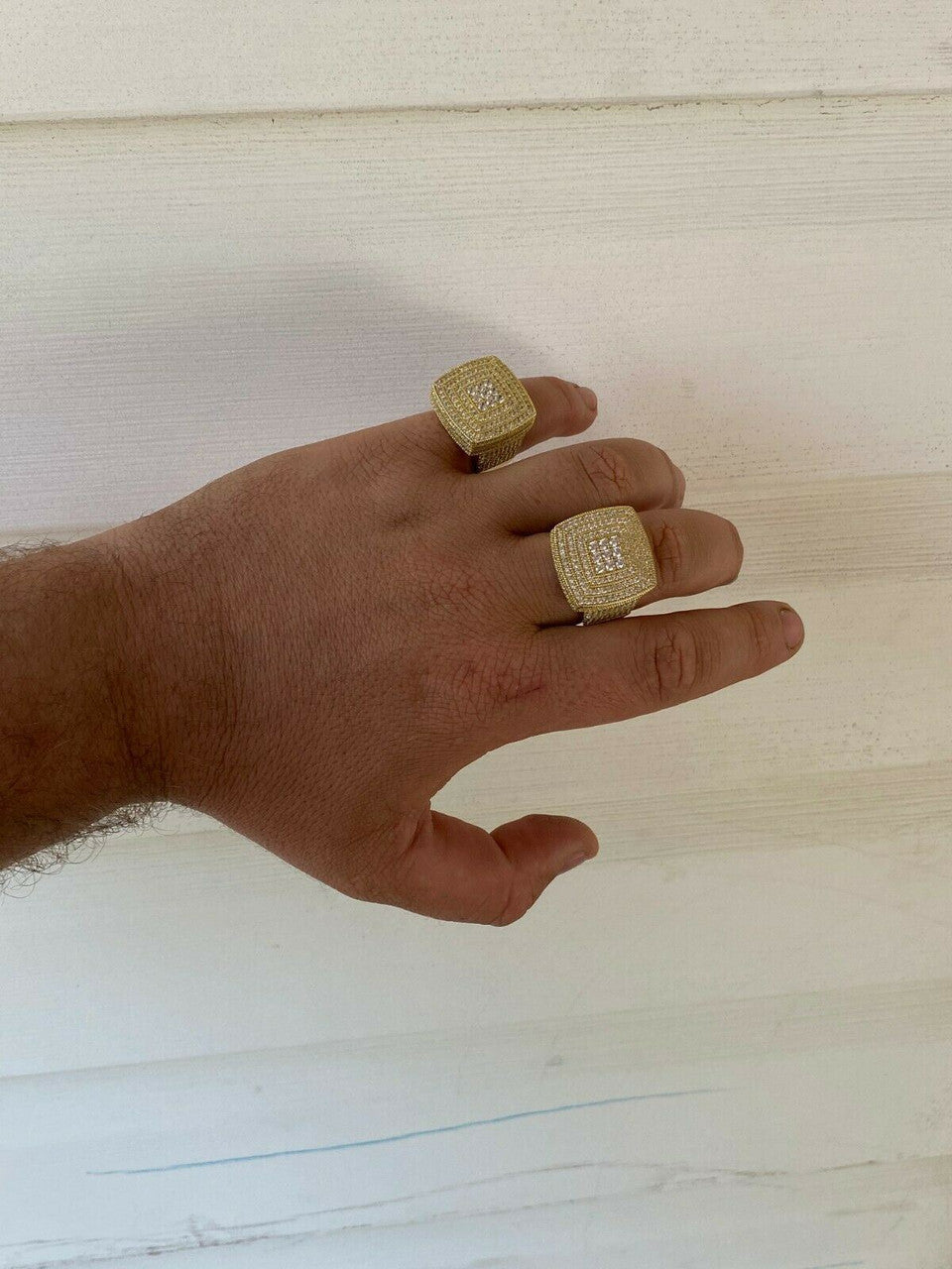 HarlemBling Large Iced 14k Gold Over Real Solid 925 Sterling Silver Men Diamond Ring Hip Hop