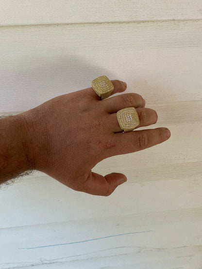 HarlemBling Large Iced 14k Gold Over Real Solid 925 Sterling Silver Men Diamond Ring Hip Hop