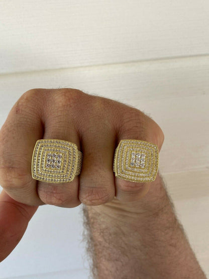 HarlemBling Large Iced 14k Gold Over Real Solid 925 Sterling Silver Men Diamond Ring Hip Hop