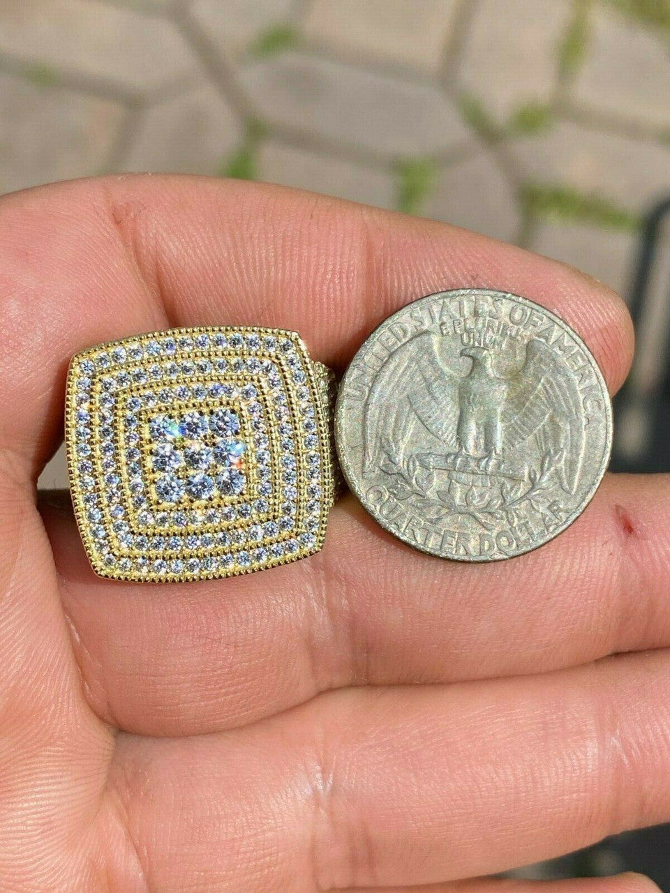 HarlemBling Large Iced 14k Gold Over Real Solid 925 Sterling Silver Men Diamond Ring Hip Hop