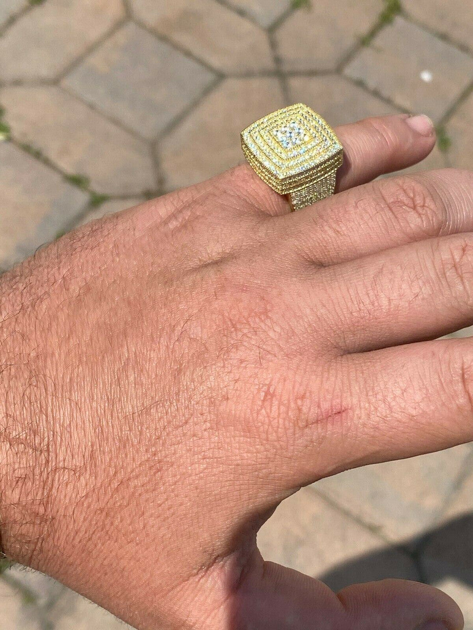 HarlemBling Large Iced 14k Gold Over Real Solid 925 Sterling Silver Men Diamond Ring Hip Hop