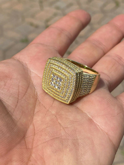 HarlemBling Large Iced 14k Gold Over Real Solid 925 Sterling Silver Men Diamond Ring Hip Hop