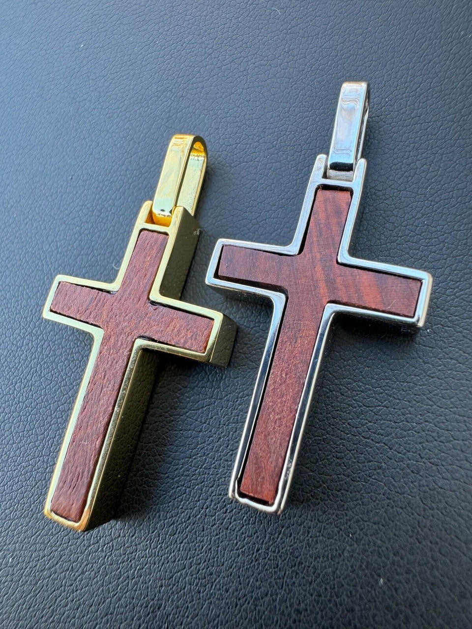 HarlemBling Large Mens Real 925 Silver & Wood Inlay Plain Religious Cross Pendant Necklace