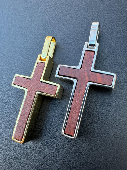 HarlemBling Large Mens Real 925 Silver & Wood Inlay Plain Religious Cross Pendant Necklace