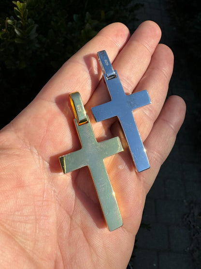 HarlemBling Large Mens Real 925 Silver & Wood Inlay Plain Religious Cross Pendant Necklace