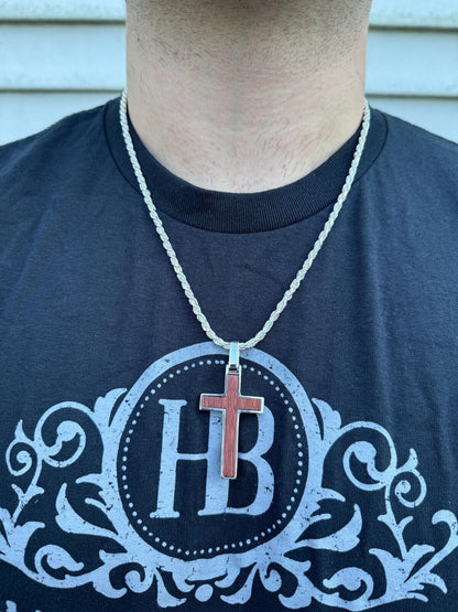 HarlemBling Large Mens Real 925 Silver & Wood Inlay Plain Religious Cross Pendant Necklace