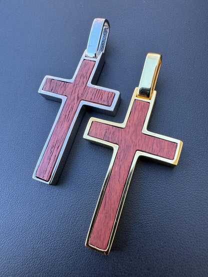 HarlemBling Large Mens Real 925 Silver & Wood Inlay Plain Religious Cross Pendant Necklace
