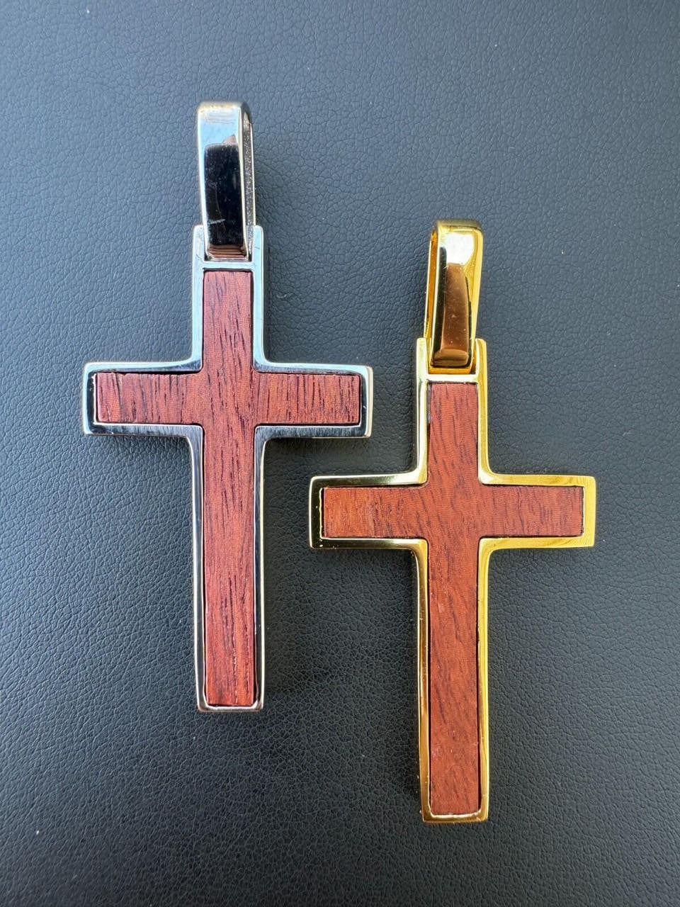 HarlemBling Large Mens Real 925 Silver & Wood Inlay Plain Religious Cross Pendant Necklace