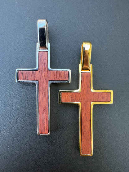 HarlemBling Large Mens Real 925 Silver & Wood Inlay Plain Religious Cross Pendant Necklace