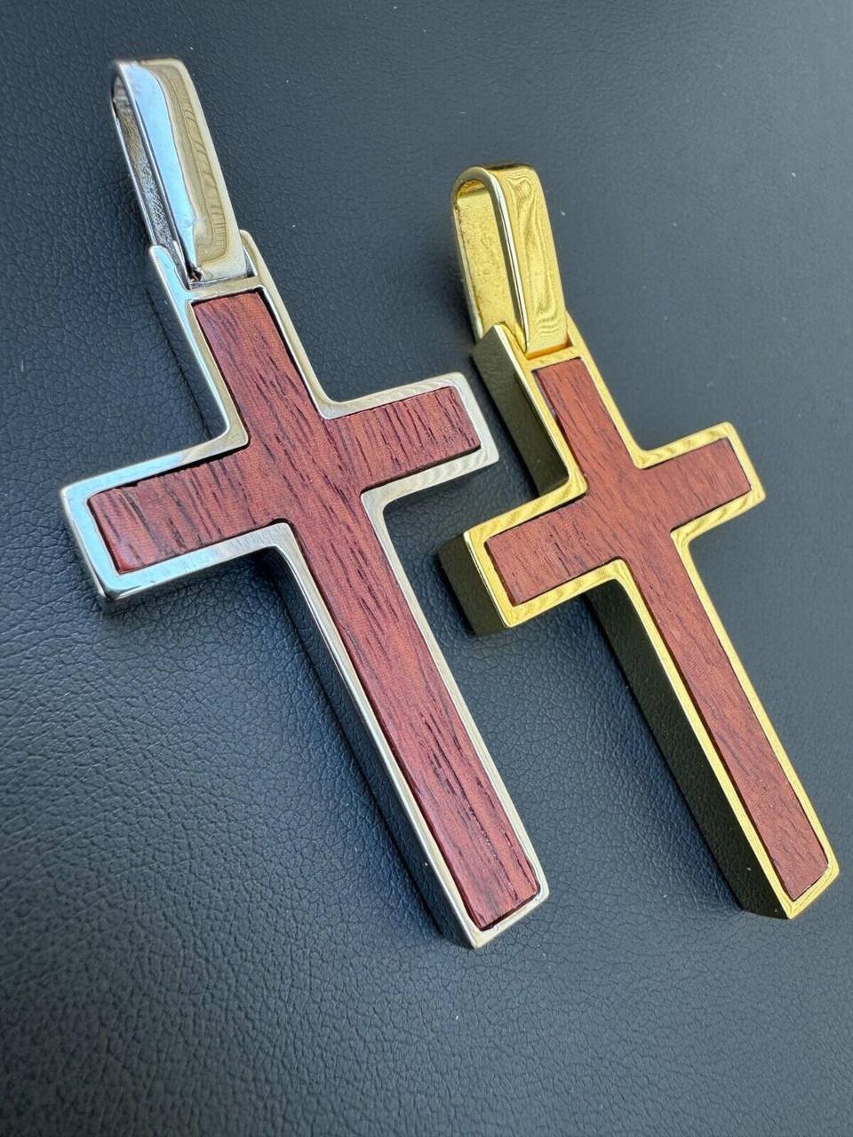 HarlemBling Large Mens Real 925 Silver & Wood Inlay Plain Religious Cross Pendant Necklace