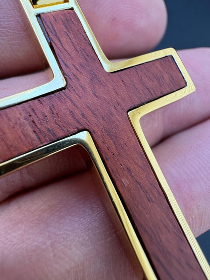 HarlemBling Large Mens Real 925 Silver & Wood Inlay Plain Religious Cross Pendant Necklace