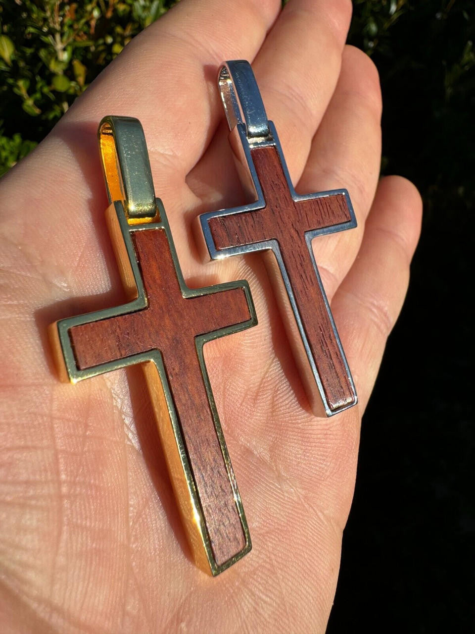 HarlemBling Large Mens Real 925 Silver & Wood Inlay Plain Religious Cross Pendant Necklace