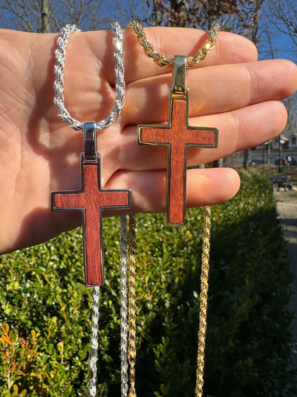 HarlemBling Large Mens Real 925 Silver & Wood Inlay Plain Religious Cross Pendant Necklace