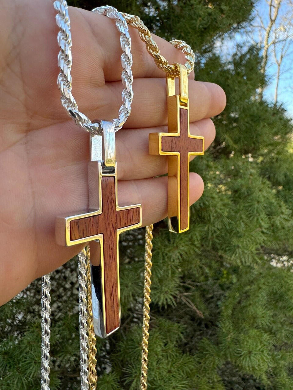 HarlemBling Large Mens Real 925 Silver & Wood Inlay Plain Religious Cross Pendant Necklace