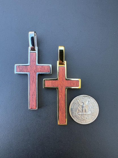 HarlemBling Large Mens Real 925 Silver & Wood Inlay Plain Religious Cross Pendant Necklace