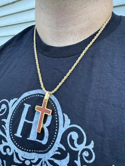 HarlemBling Large Mens Real 925 Silver & Wood Inlay Plain Religious Cross Pendant Necklace