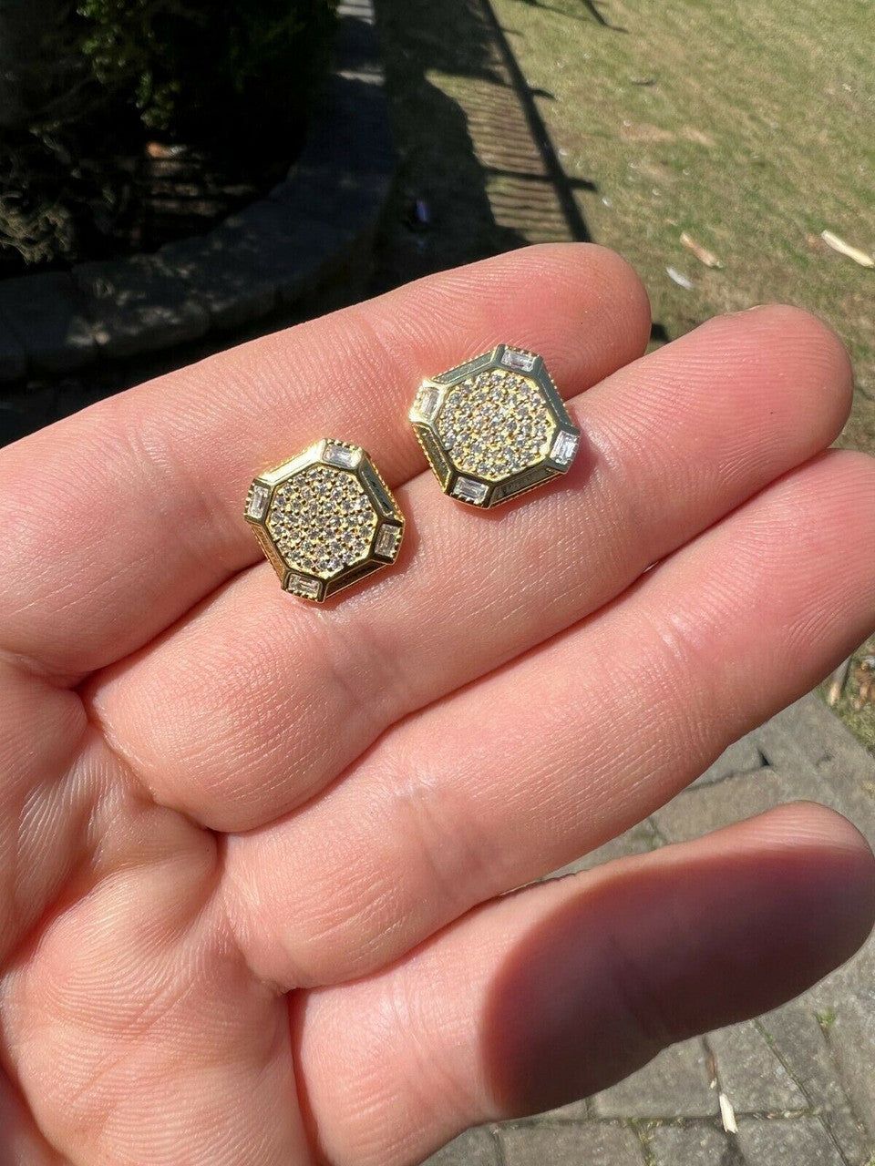 HarlemBling Large Mens Real MOISSANITE 14k Gold Vermeil Iced Earrings Hip Hop Diamond Test 