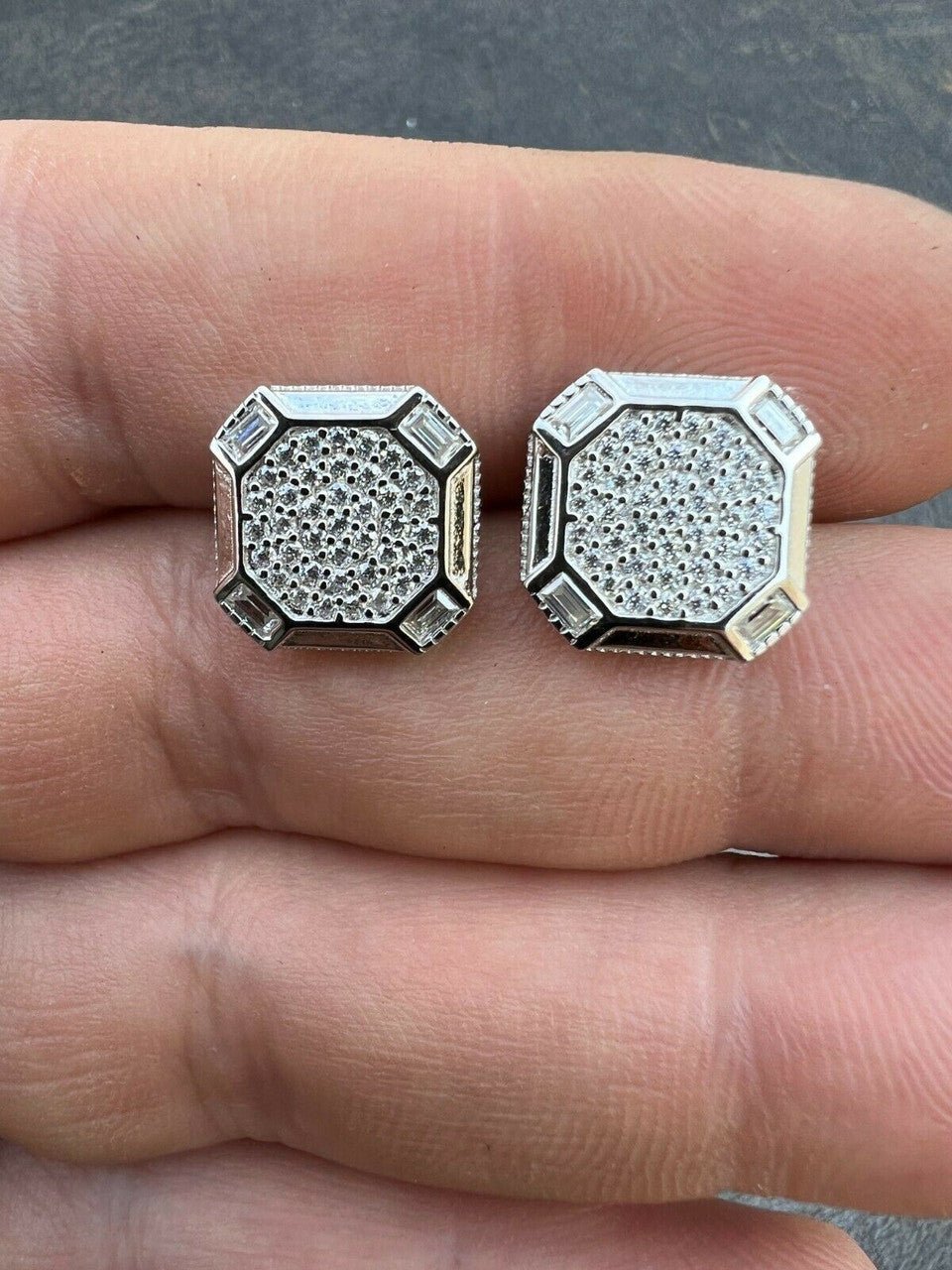 HarlemBling Large Mens Real MOISSANITE Silver Iced Baguette Earrings Hip Hop Diamond Test 