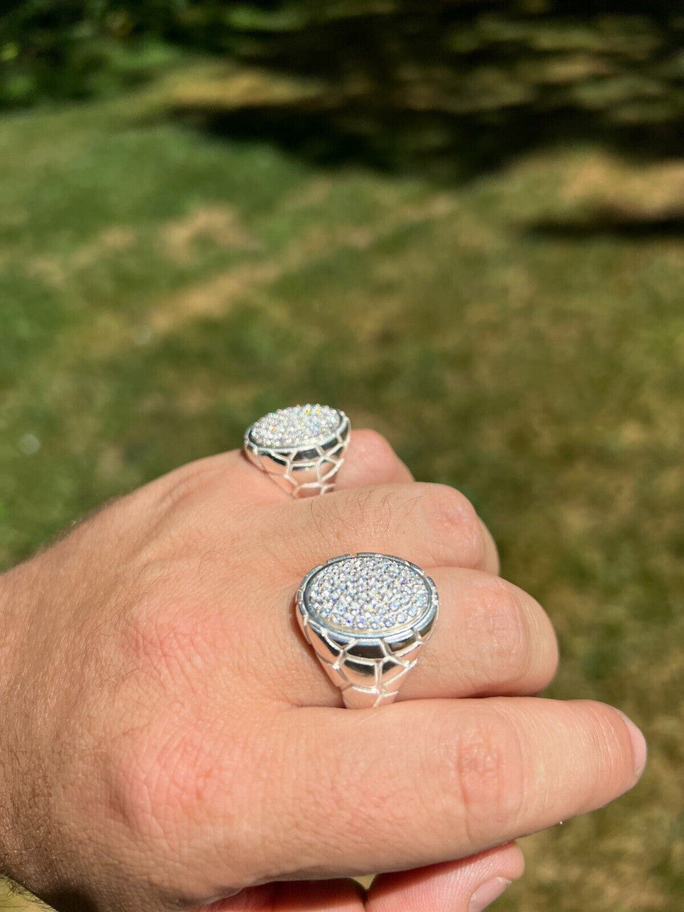 Large Nugget Mens Real Solid 925 Sterling Silver Iced CZ Pinky