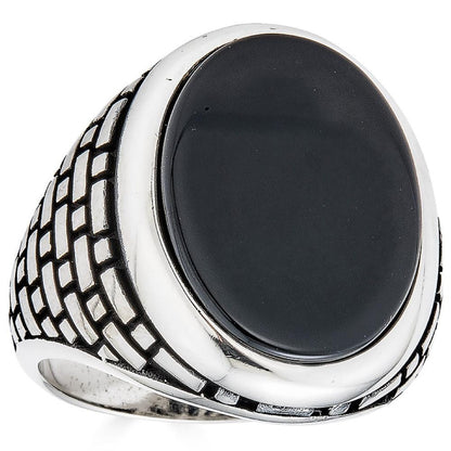 HarlemBling Large Oval Brick Road Ring - 925 Silver Oxidized W. Silver Bezel - Genuine Black Onyx Stone