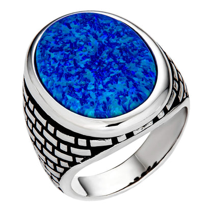 HarlemBling Large Oval Brick Road Ring - 925 Silver Oxidized W. Silver Bezel - Synthetic Blue Opal