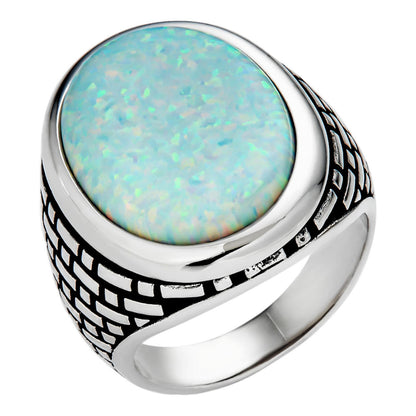 HarlemBling Large Oval Brick Road Ring - 925 Silver Oxidized W. Silver Bezel - Synthetic White Opal