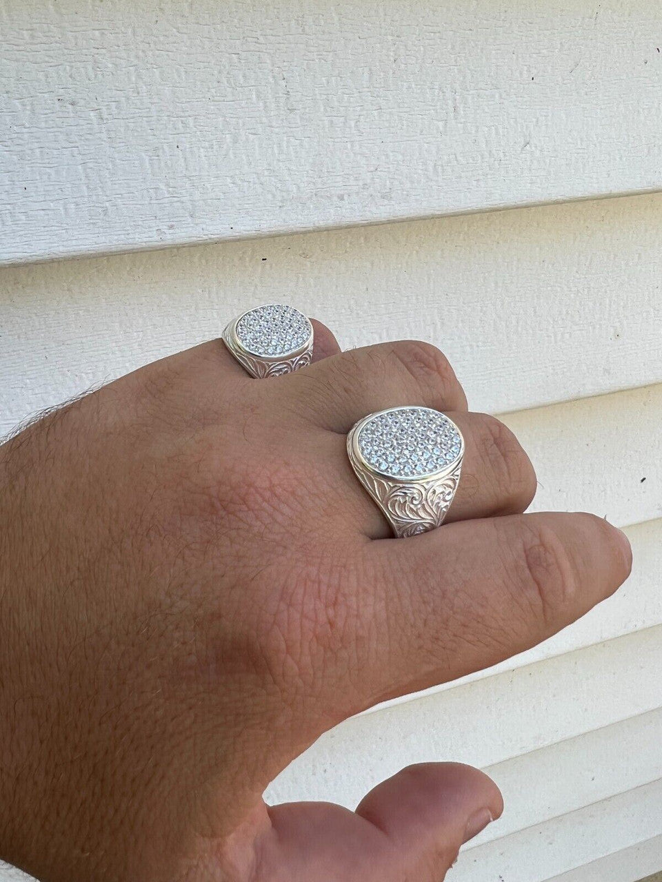 HarlemBling Large Oval Mens Real Solid 925 Sterling Silver Iced CZ Pinky Ring Big Hip Hop