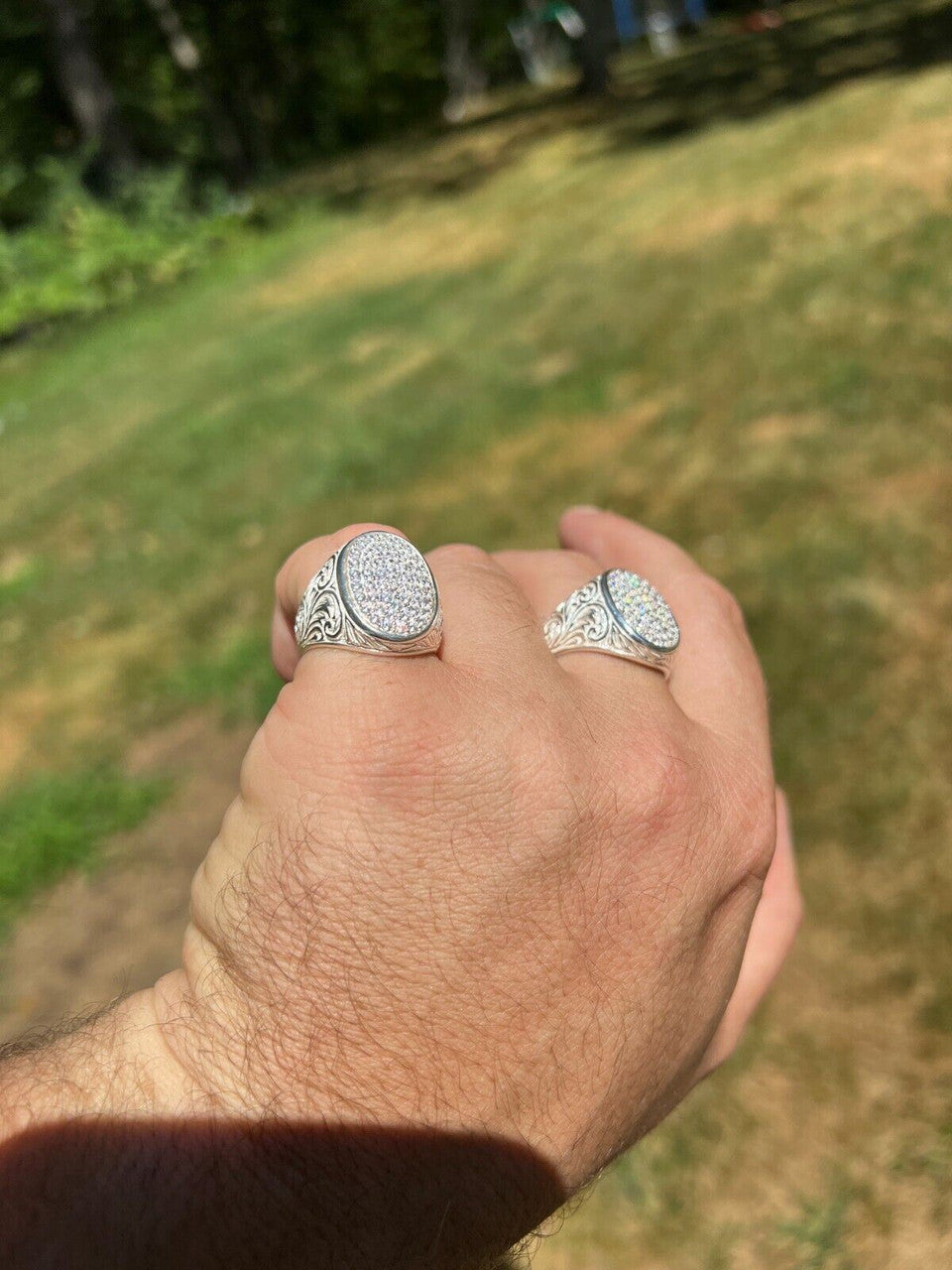 HarlemBling Large Oval Mens Real Solid 925 Sterling Silver Iced CZ Pinky Ring Big Hip Hop