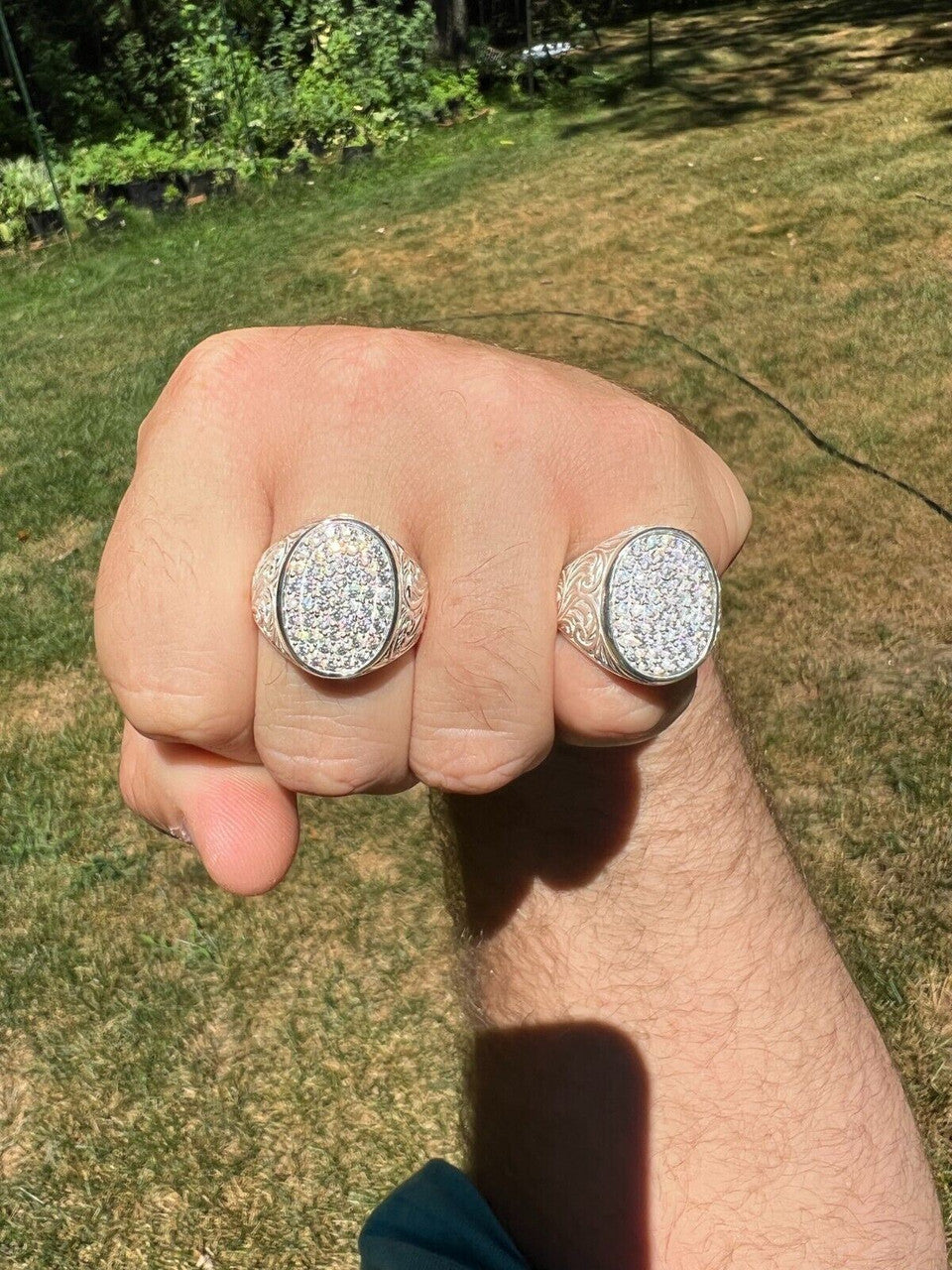 HarlemBling Large Oval Mens Real Solid 925 Sterling Silver Iced CZ Pinky Ring Big Hip Hop