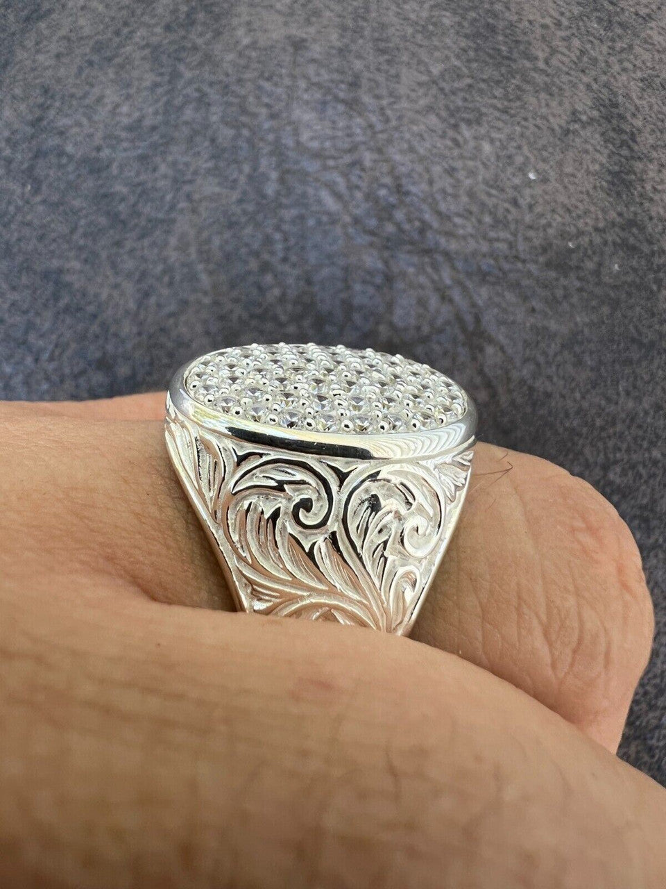 Large Oval Mens Real Solid 925 Sterling Silver Iced CZ Pinky Ring