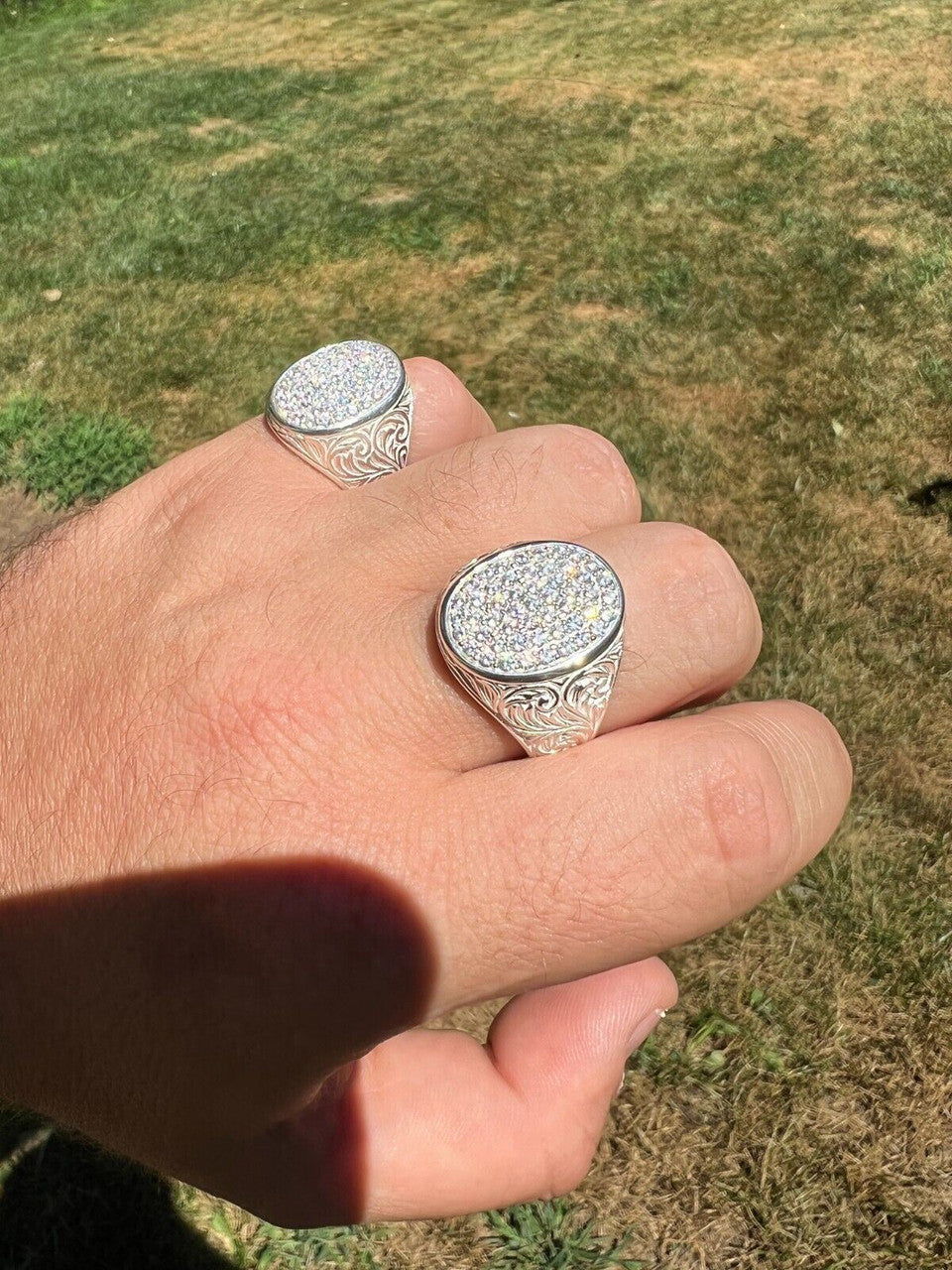 HarlemBling Large Oval Mens Real Solid 925 Sterling Silver Iced CZ Pinky Ring Big Hip Hop