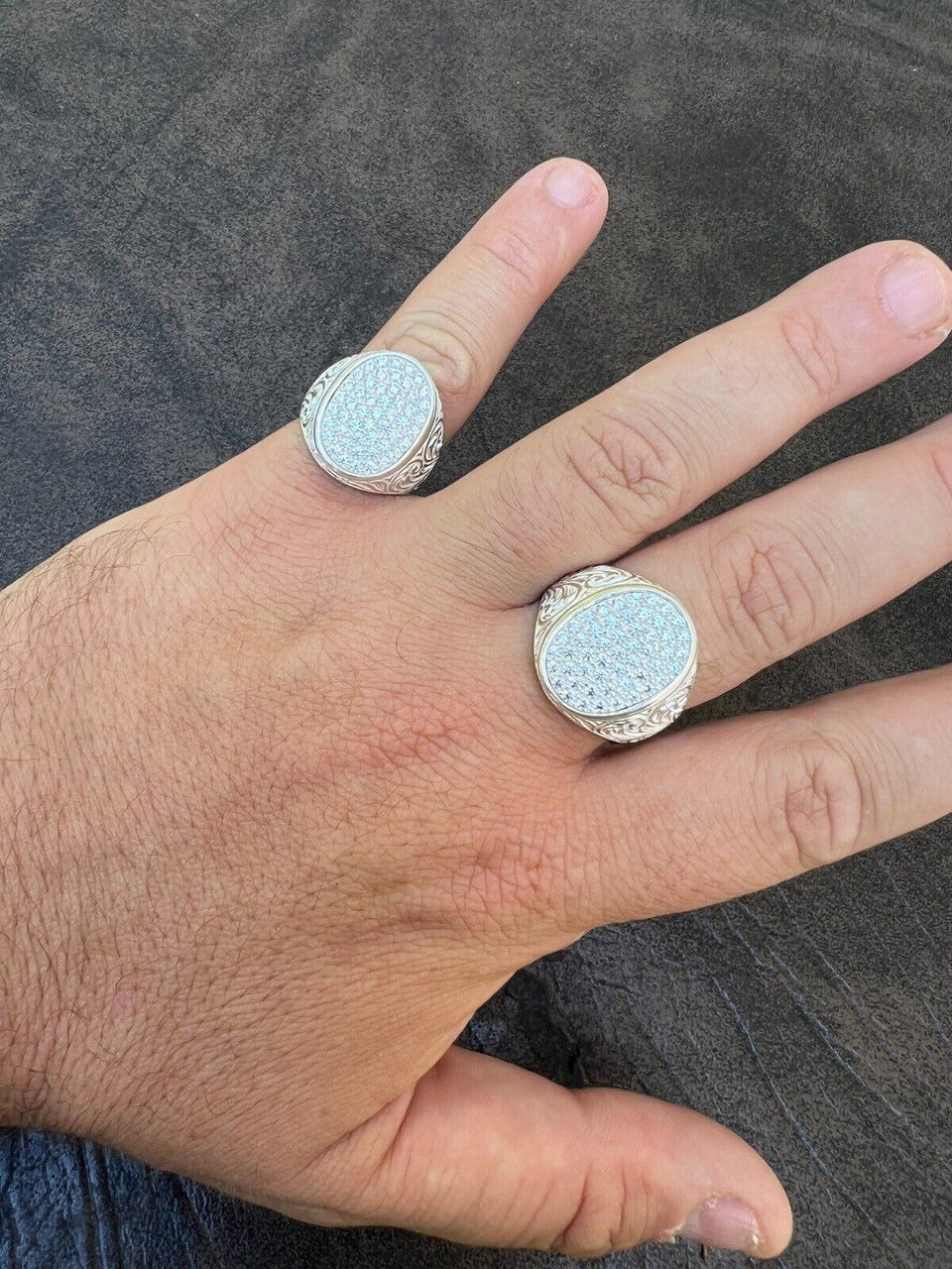 Large Oval Mens Real Solid 925 Sterling Silver Iced CZ Pinky Ring