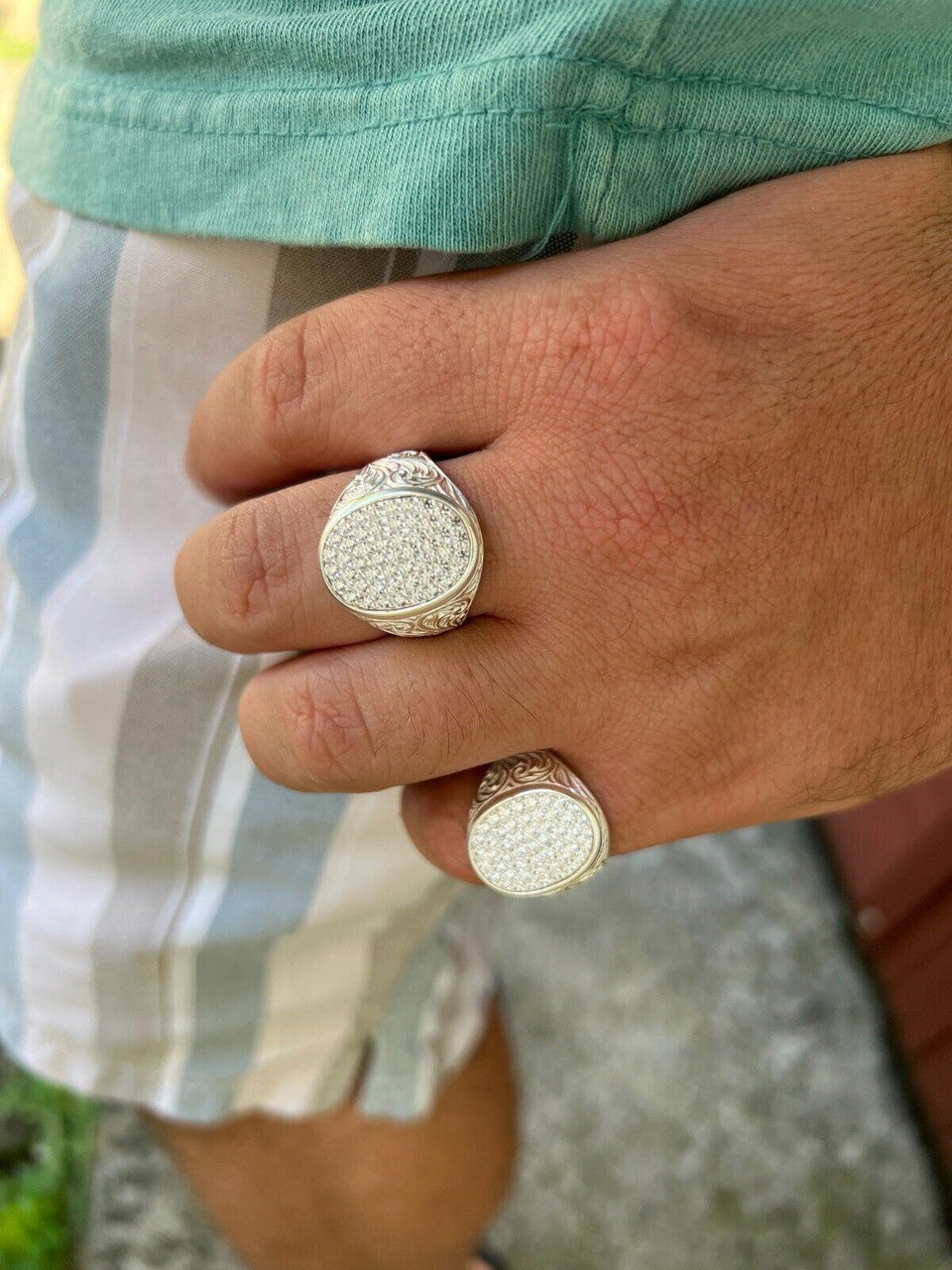 HarlemBling Large Oval Mens Real Solid 925 Sterling Silver Iced CZ Pinky Ring Big Hip Hop