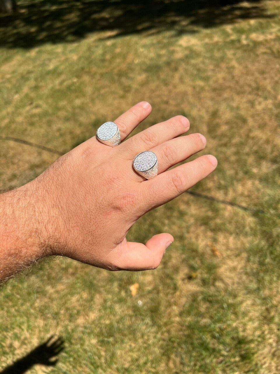 HarlemBling Large Oval Mens Real Solid 925 Sterling Silver Iced CZ Pinky Ring Big Hip Hop