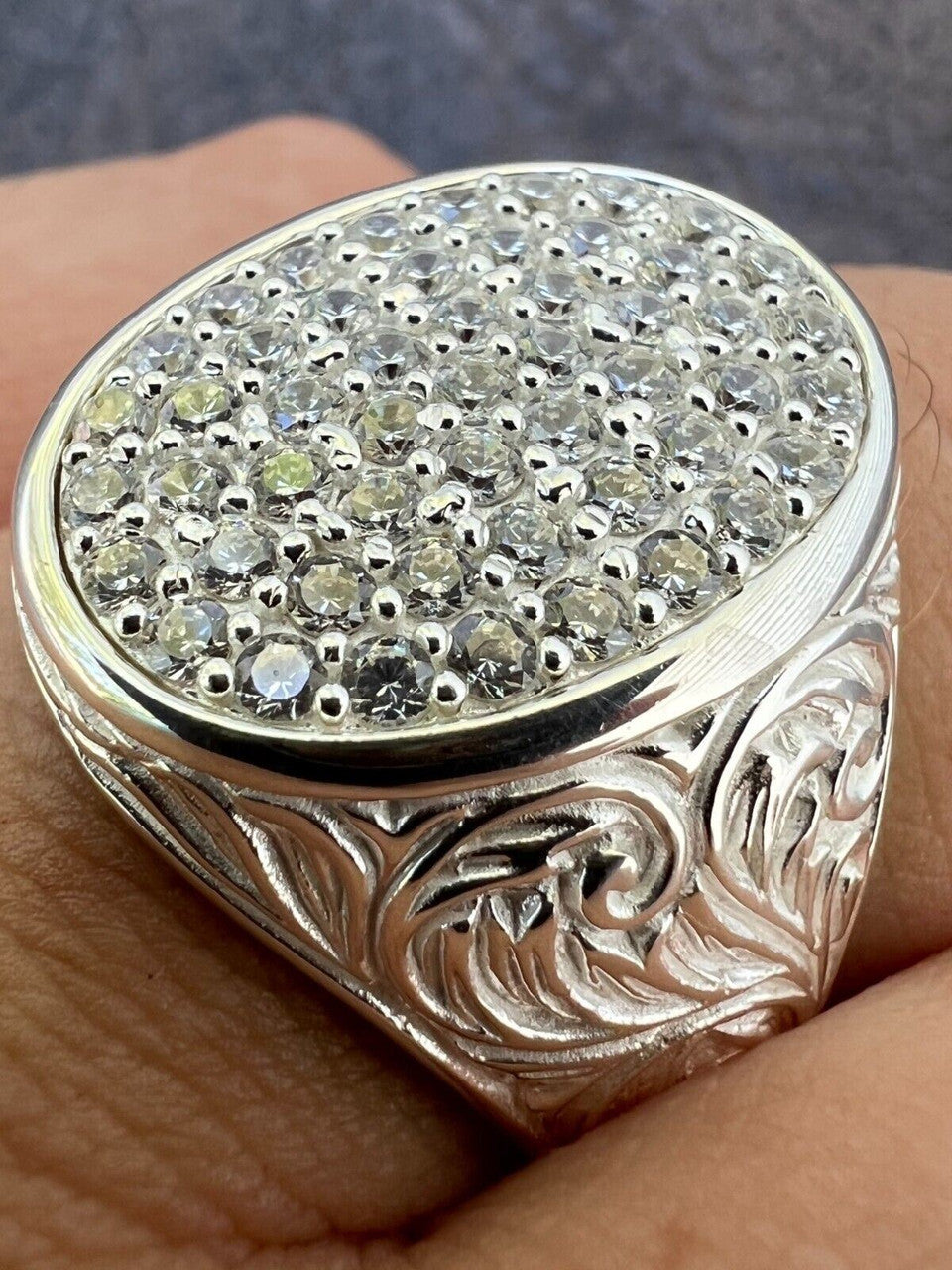 Large Oval Mens Real Solid 925 Sterling Silver Iced CZ Pinky Ring