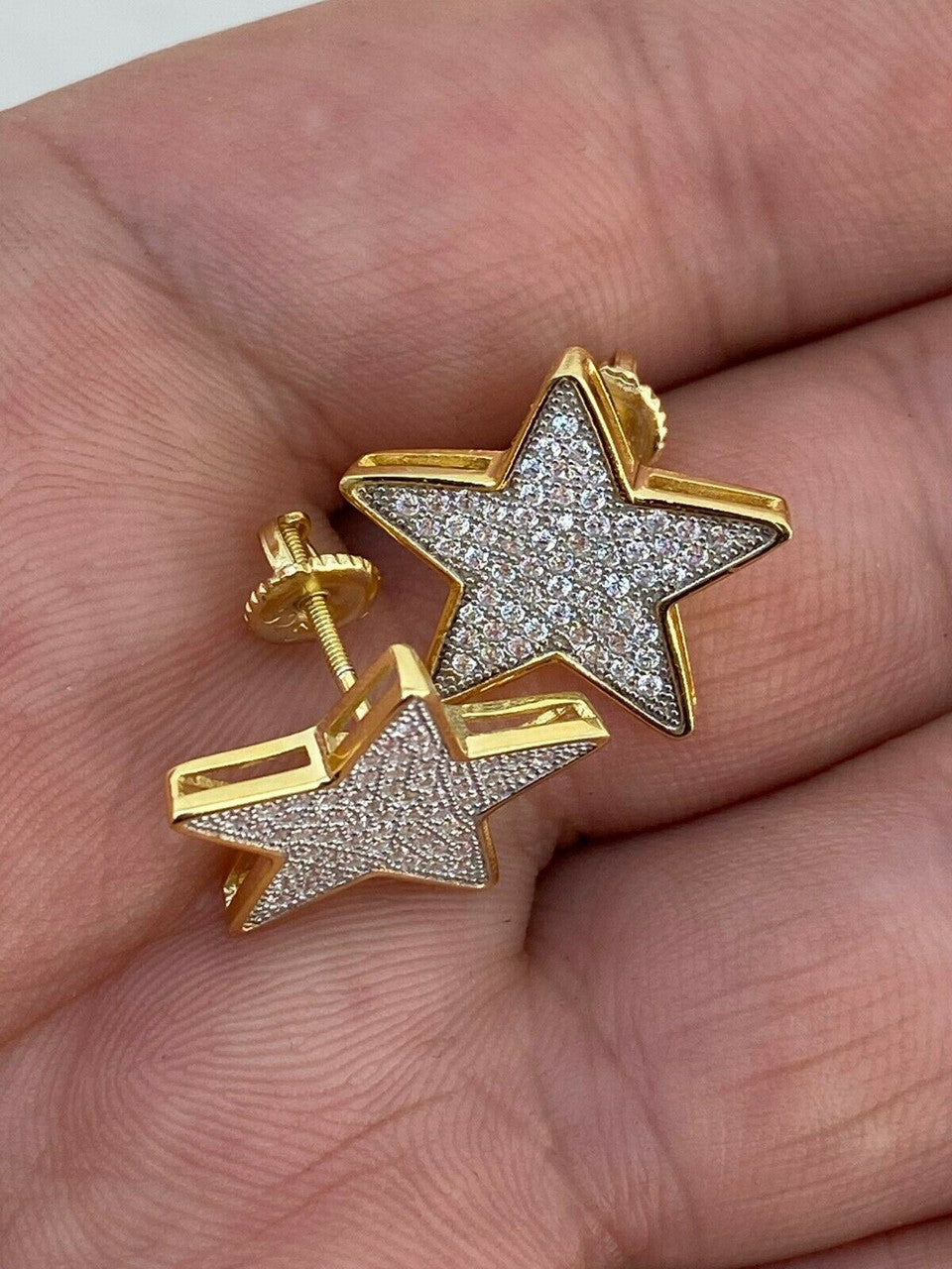 HarlemBling Large Real 925 Silver 14k Gold Filled Iced Star Diamond Hip Hop Earrings Studs