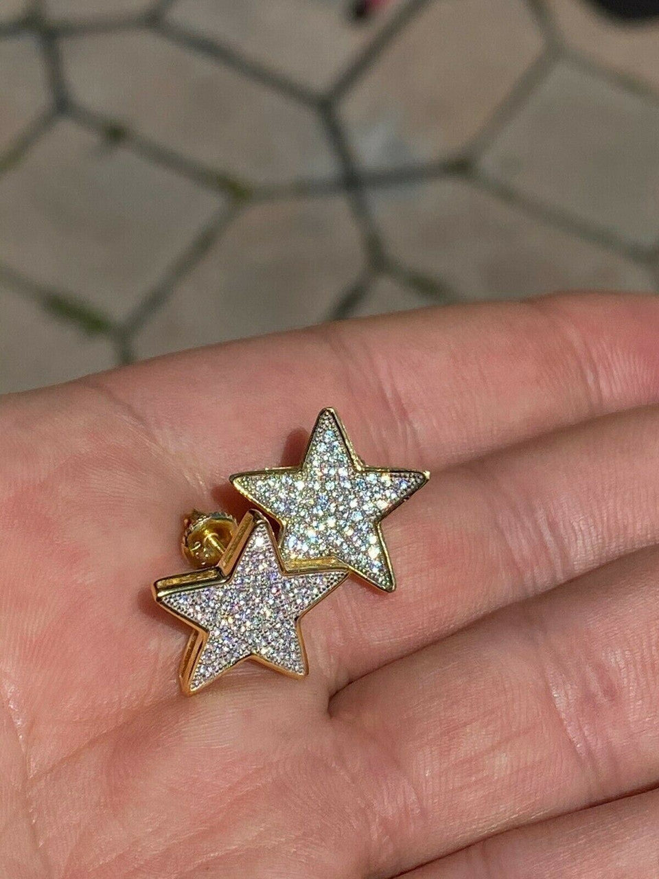 HarlemBling Large Real 925 Silver 14k Gold Filled Iced Star Diamond Hip Hop Earrings Studs