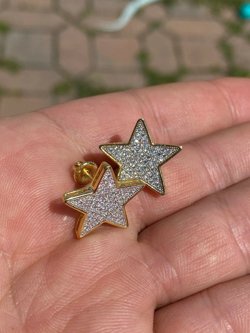 HarlemBling Large Real 925 Silver 14k Gold Filled Iced Star Diamond Hip Hop Earrings Studs