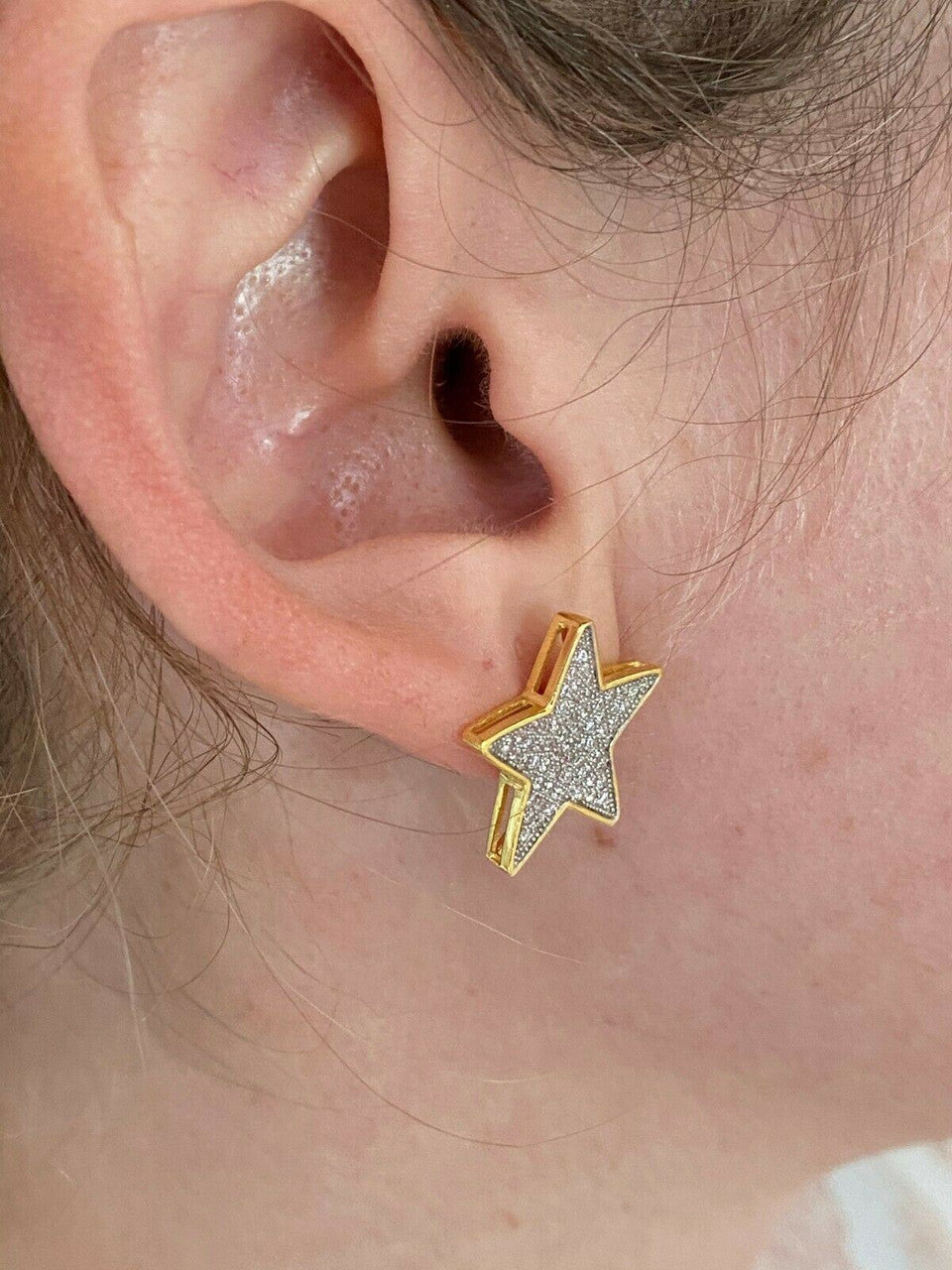 HarlemBling Large Real 925 Silver 14k Gold Filled Iced Star Diamond Hip Hop Earrings Studs