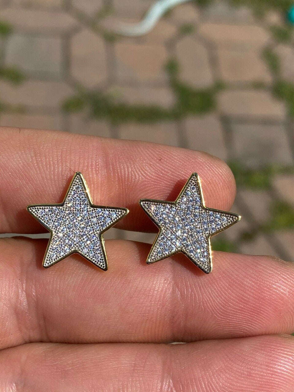 HarlemBling Large Real 925 Silver 14k Gold Filled Iced Star Diamond Hip Hop Earrings Studs