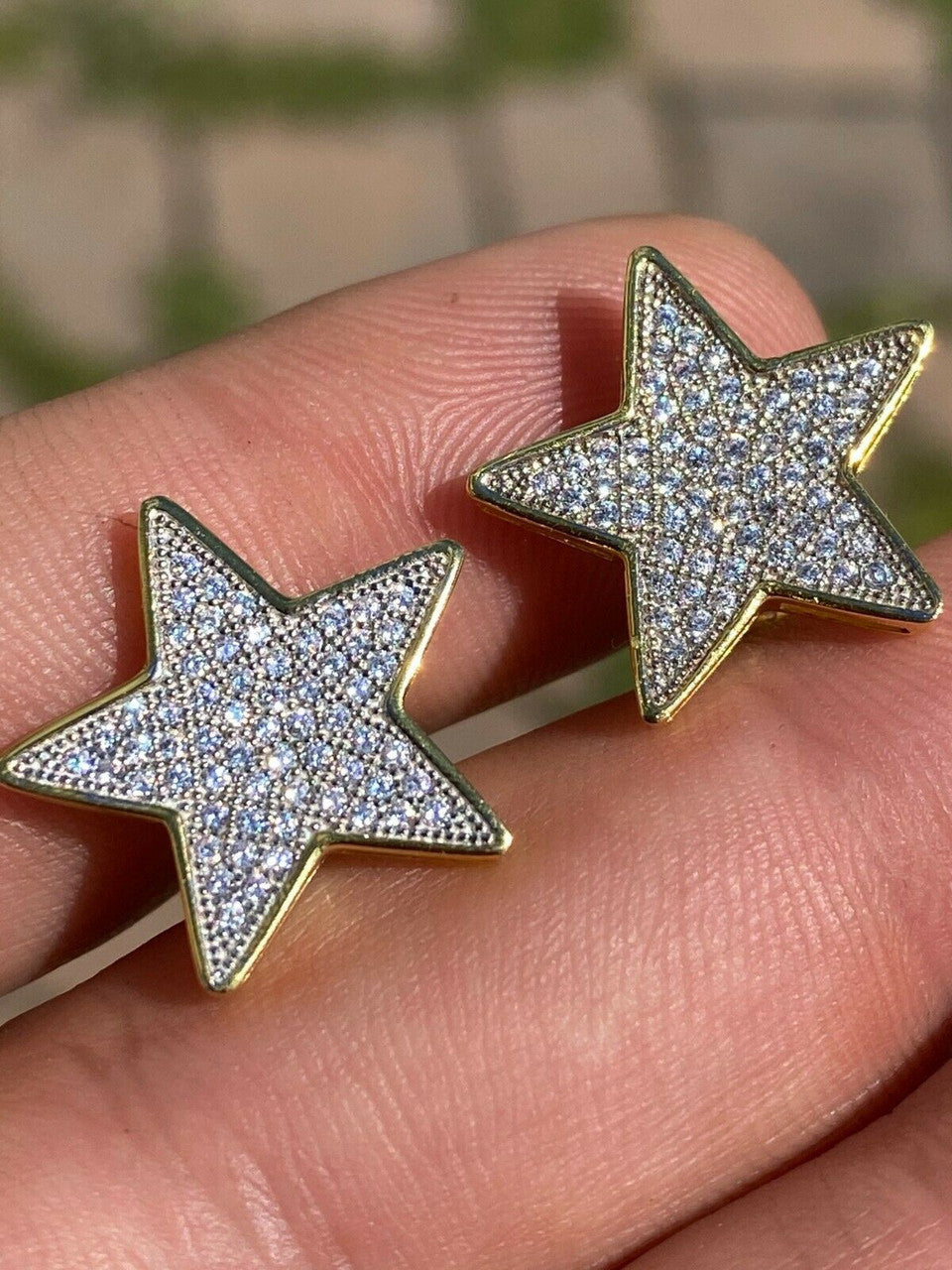 HarlemBling Large Real 925 Silver 14k Gold Filled Iced Star Diamond Hip Hop Earrings Studs