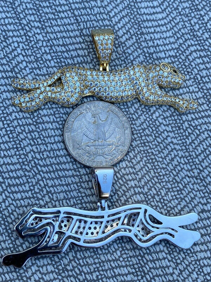 HarlemBling Large Real 925 Sterling Panther Cheetah Puma Pendant Necklace Iced Gold Silver